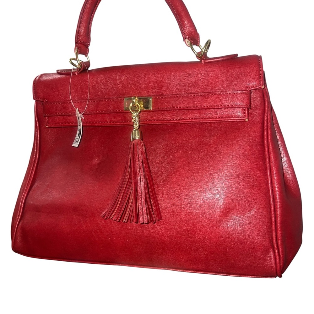 Aldo Crimson Satchel Red Faux Leather Top Handel Bag With Tassel Gold